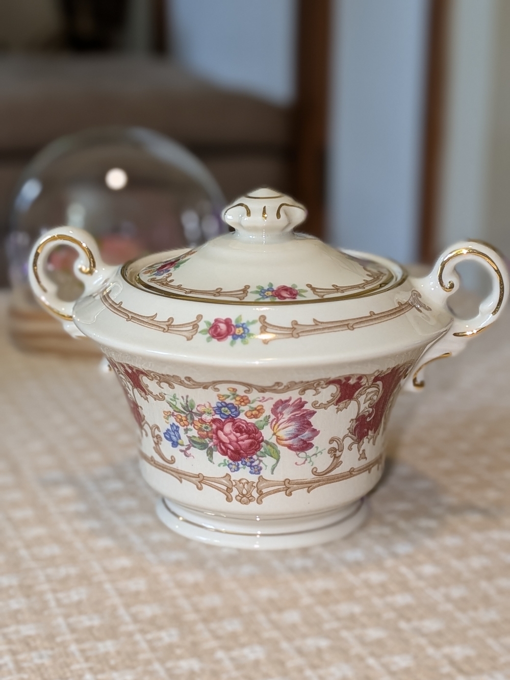 Porcelain Old Ivory Syracuse China Floral Covered Sugar Bowl